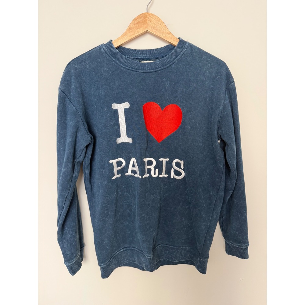 Urban Nation Sweatshirt Womens XS I Heart Paris Mineral Wash Blue Excellent